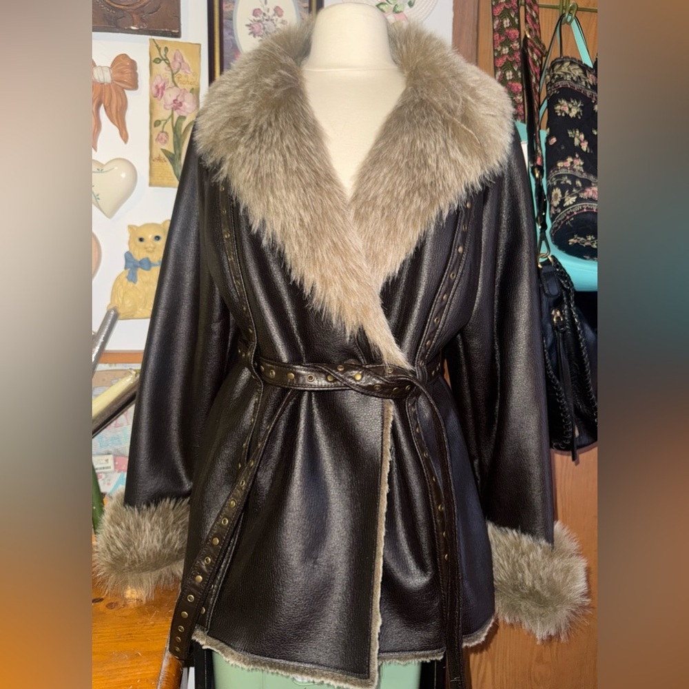 dennis basso Brown Faux Leather Wrap Jacket with Light Tan Fur Trim